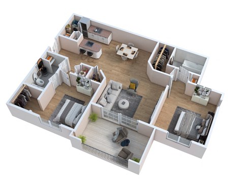 a 3d floor plan of a house with a bedroom and a living room